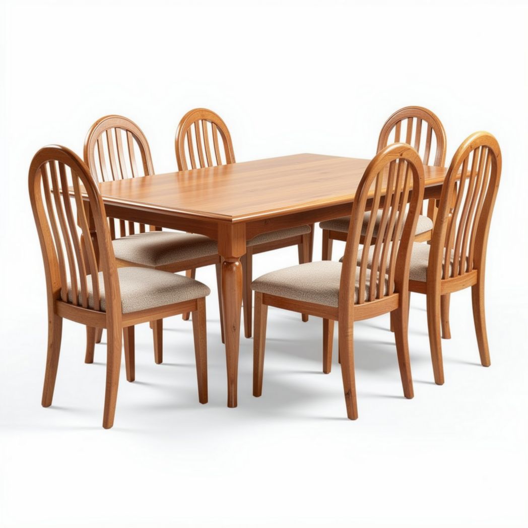 Dining table set with six wooden chairs and upholstered seats in natural finish