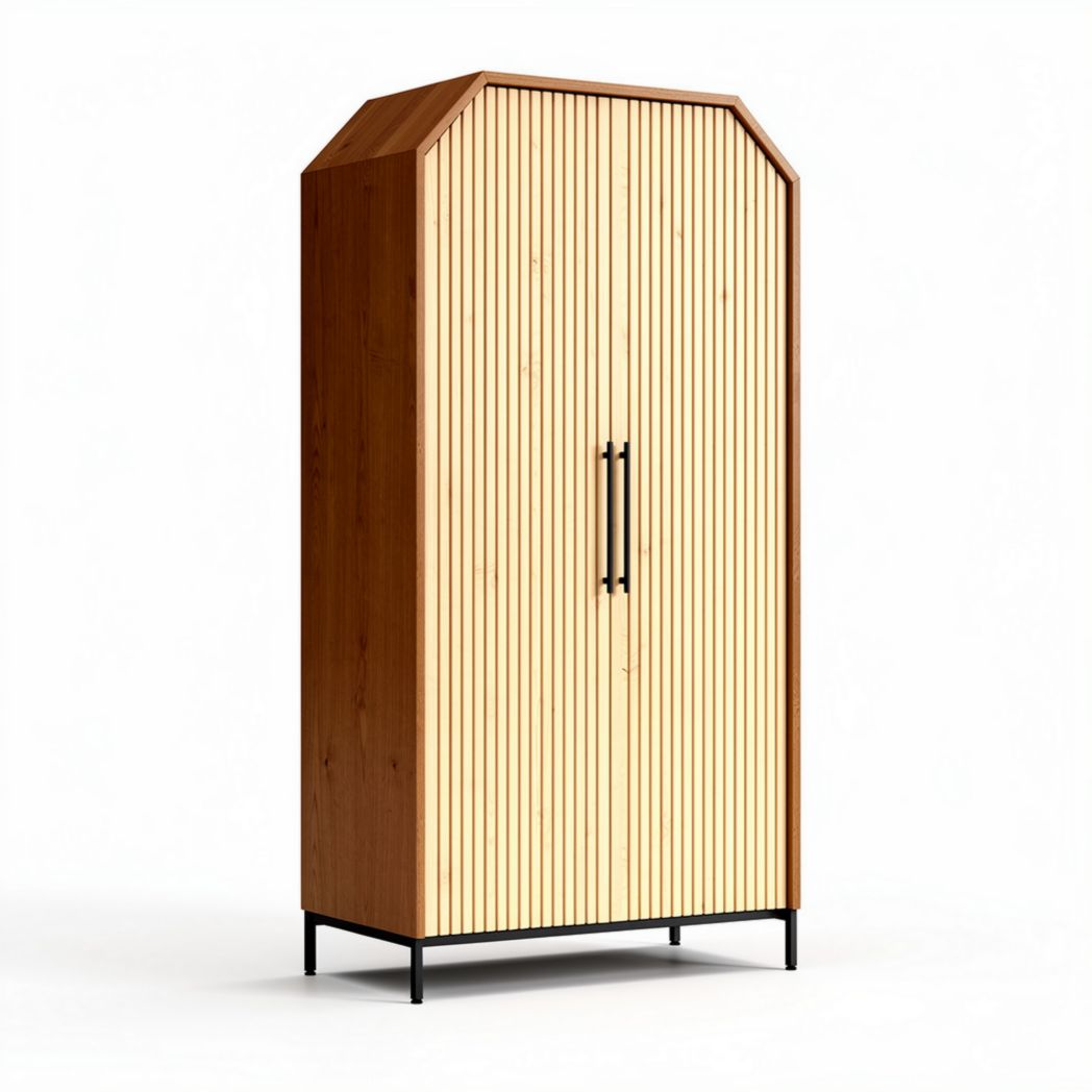 Wooden wardrobe with striped doors and black metal frame 180 x 80 x 40cm