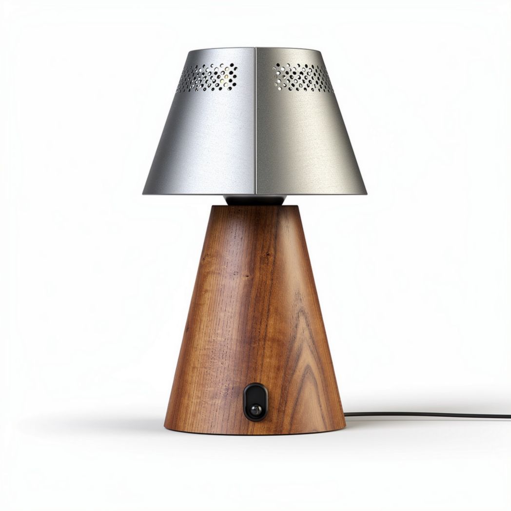 Wood and metal table lamp with perforated shade and switch 30 x 20 x 40cm