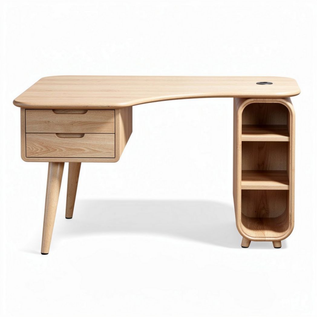 Wooden writing desk with a curved design and storage shelves 120 x 60 x 75cm