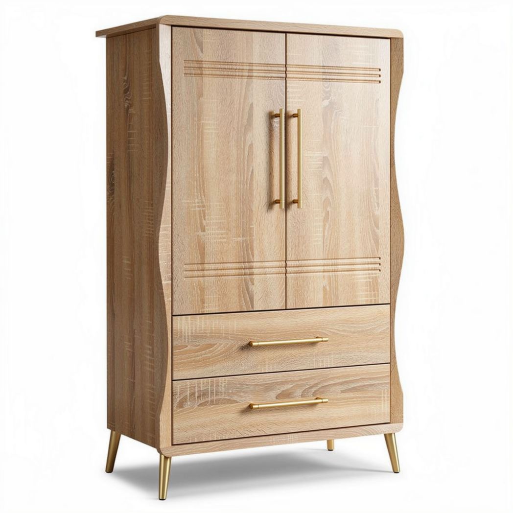 Wooden wardrobe with gold handles and two drawers 90 x 45 x 130cm