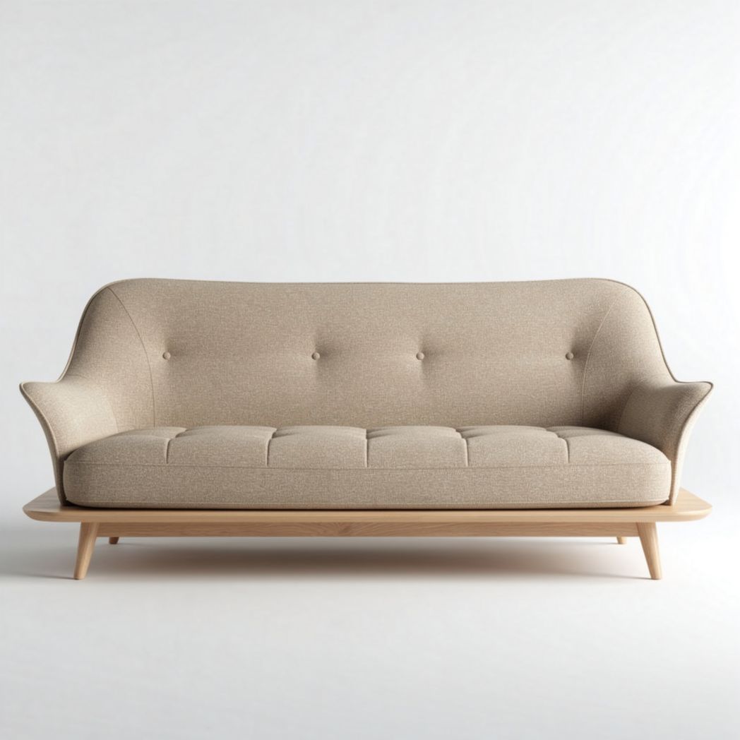 Mid-century modern upholstered sofa in beige fabric with wooden base 180 x 80 x 75cm