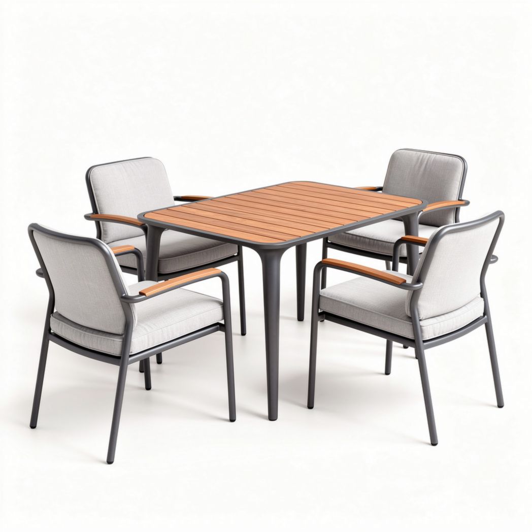 Outdoor rectangular dining table set with four chairs in metal and wood, dimensions 150 x 90 x 75cm